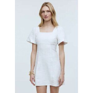 MADEWELL Square-Neck Mini Dress in 100% Linen White 12 NWT